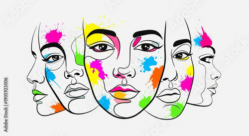 Diverse faces with colorful paint splatters on white background symbolizing individuality and creativity in a modern artistic style