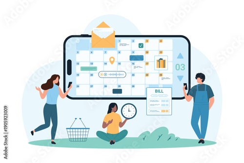 Business tasks management in calendar mobile app. Tiny people work with online planner on phone screen, office employees plan schedule of deadline, event and meeting cartoon vector illustration