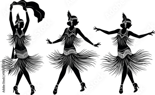 Silhouette of three 1920s flapper girls dancing in fringe dresses with feathers and headbands for vintage jazz age party celebration.