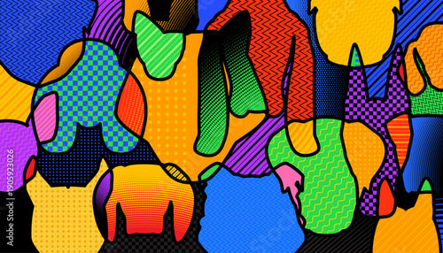 The abstract colorful background of various dog's faces.
