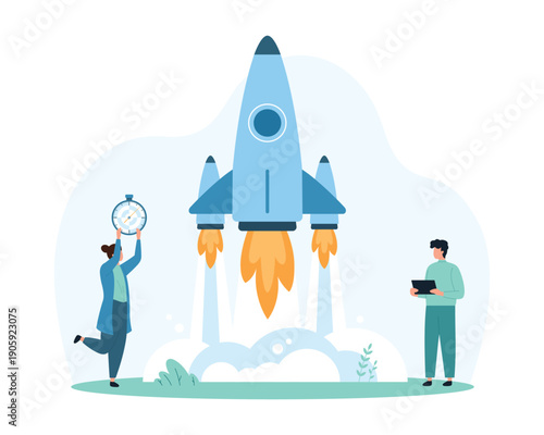 Creative business startup, success entrepreneurship and investment. Tiny people launch rocket into sky, fast takeoff of modern project spaceship in clouds of smoke cartoon vector illustration