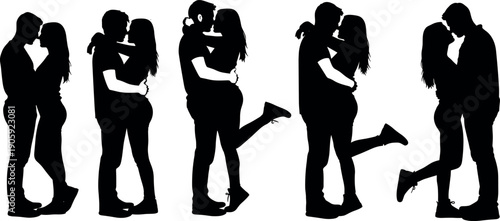 Silhouette set of romantic young couples embracing and kissing in various poses for Valentines Day love and wedding anniversary designs
