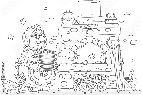 Funny granny with a dish of tasty pancakes baked in her traditional village oven for a festive table, black and white outline vector cartoon illustration for a coloring book