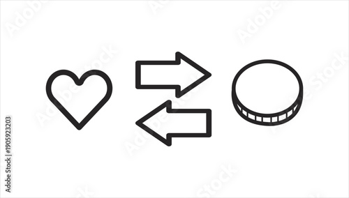 Simple line icons representing love and exchange for a coin.