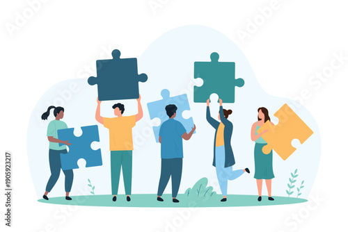 Business problem creative solving, company union and success teamwork. Tiny people holding jigsaw puzzle pieces to connect and assemble in cooperation and partnership cartoon vector illustration