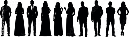 Silhouettes of professional men and women in business suits and evening wear standing in a row for corporate group concept