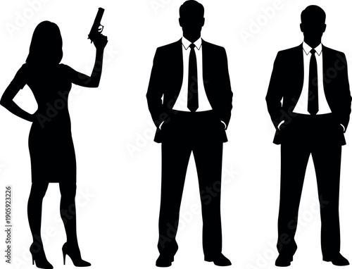Silhouettes of Professional Secret Agents and Bodyguards in Suits with a Woman Holding a Handgun for Action Movie Concept Art