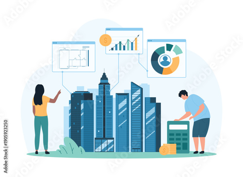 Investment to real estate, mortgage. Tiny people at buildings models of modern residential district calculate loan or property purchase price, investors study room draft cartoon vector illustration