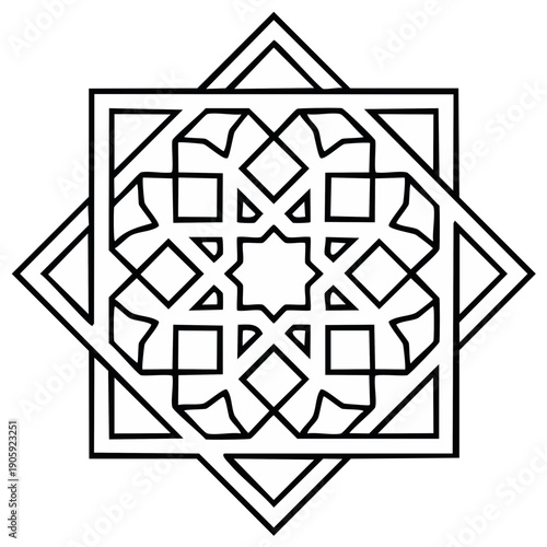 Intricate Islamic geometric pattern abstract symmetrical design black and white