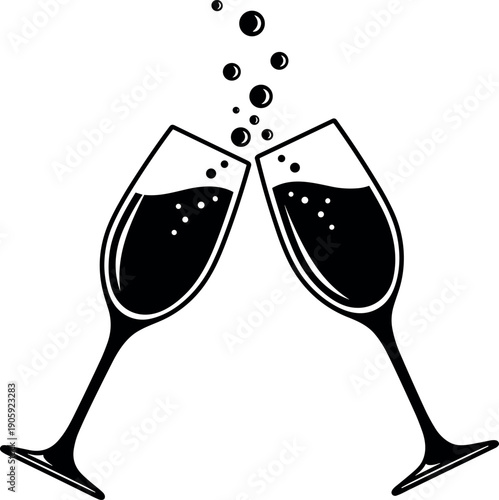 Two Champagne Flutes Clinking in a Celebration Toast with Bubbles Minimalist Black and White Vector Icon for New Year Party Events