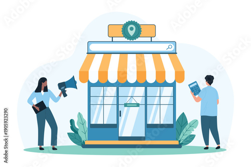 Online promotion campaign for commerce, retail store. Tiny people of marketing team announce in megaphone project launch, shop presentation and open sales for customers cartoon vector illustration