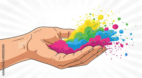 Vibrant colorful powder exploding from open hand on white background symbolizing creativity and joy