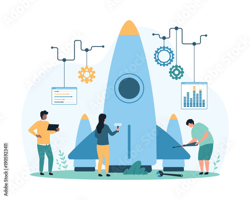 New creative idea improvement, startup development and success optimization. Tiny people repair rocket before launch, upgrade and update system and digital solutions cartoon vector illustration