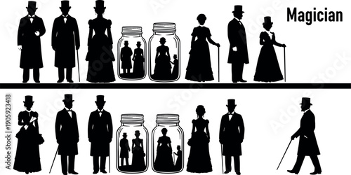 Victorian magician silhouettes with miniature people trapped in glass jars surreal vintage gothic mystery conceptual vector art for stock design