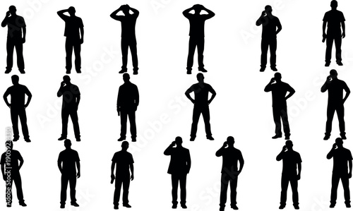Vector silhouettes of a man in various poses including talking on phone, hands on hips, and frustrated head in hands.