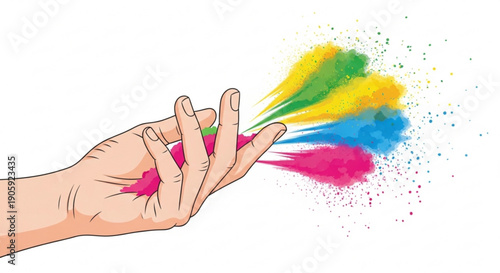 Hand releasing colorful powder explosion against a white background vibrant pink blue yellow and green hues