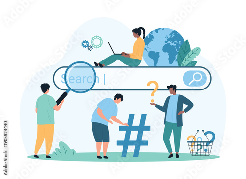 Searching for information on Internet, global web search query optimization, SEO services. Tiny people research data and tags, use browser bar with magnifying glass cartoon vector illustration
