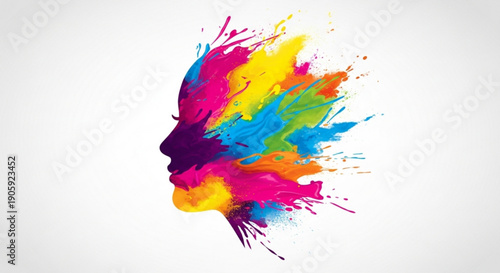 Vibrant human head silhouette with colorful paint splatters and dynamic artistic expression on white background