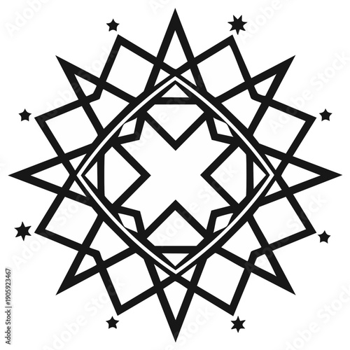 Geometric starburst design with diamond frame and star accents, elegant and symmetrical, black and white