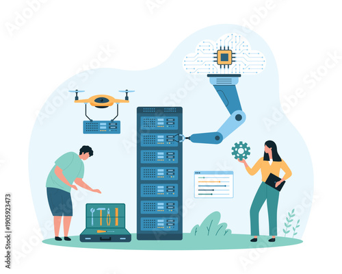 Data center development with AI, machine learning. Tiny people and robotic arm construct server together, drone carrying microchip to repair database, server room equipment cartoon vector illustration