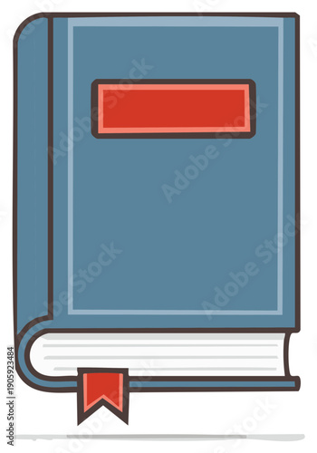 Illustration of a Hardcover Book with Red Label and Bookmark, Blue Binding and White Pages