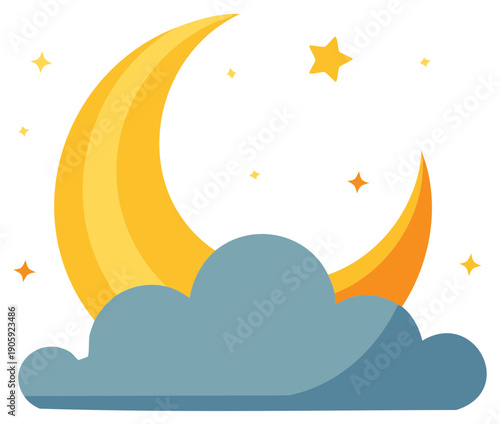 Simple flat cartoon illustration of a crescent moon and stars behind a cloud