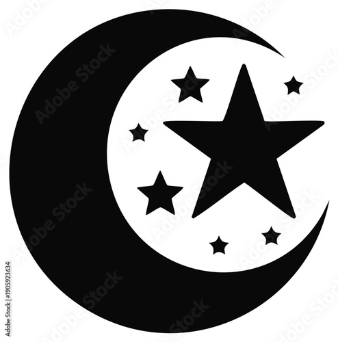 Stylized Crescent Moon Embraces Starry Night Sky Silhouette Vector Art