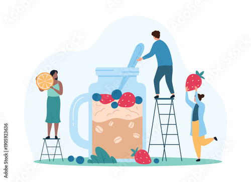 Making healthy breakfast cereal meal in glass cup, cooking healthy morning food. Tiny people holding strawberry and orange slice to cook detox smoothie or fruit granola cartoon vector illustration