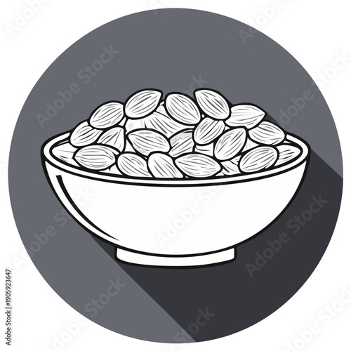 Bowl of almonds with long shadow, simple illustration