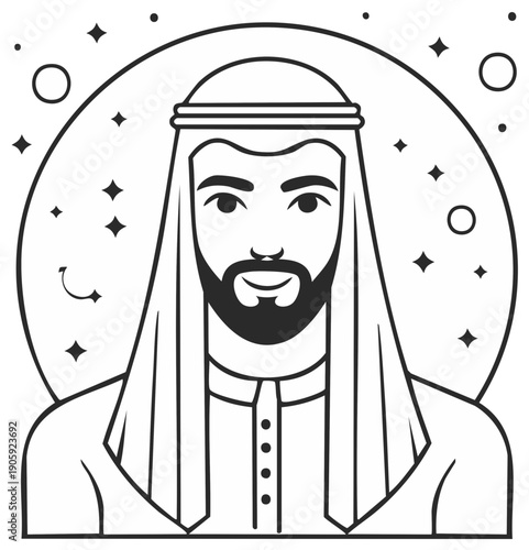 Stylized illustration of a man in traditional Middle Eastern attire, featuring a keffiyeh and beard, set against a circular background with stars and moons.