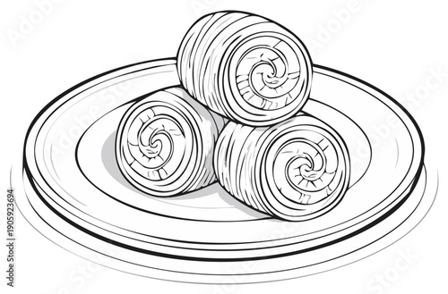 Line drawing of three spiral pastries stacked on a plate