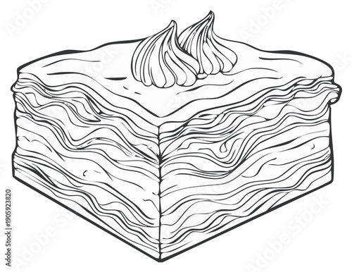 Hand drawn layered cake or dessert slice with decorative cream topping line art illustration