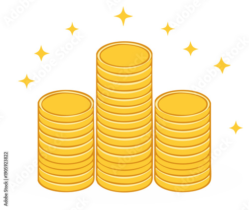 Three stacks of gold coins with sparkling stars in a pyramid formation