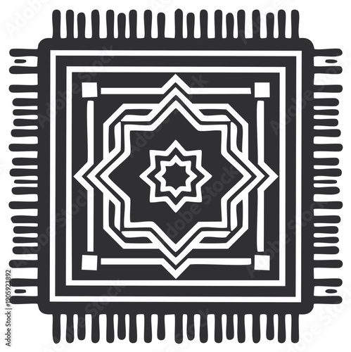 Stylized graphic oriental rug with star design and fringe, black and white