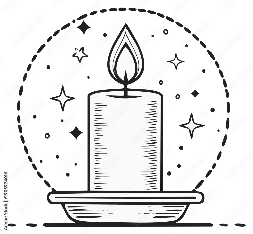 Obraz premium Luminous candle flame casts magical glow surrounded by stars and sparkles illustration