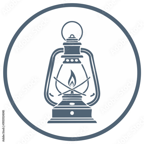 Vintage kerosene lamp graphic inside a circular border, symbol of light and exploration.