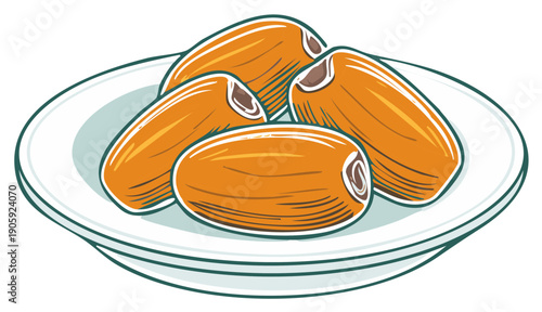 Group of flavorful sweet dried dates fruit on a clean white ceramic plate vector art