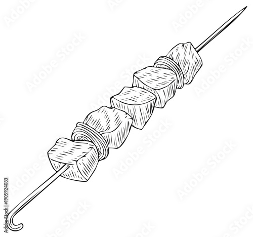 Hand drawn shish kebab with meat cubes and onion rings on a skewer line art illustration