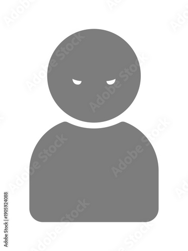 怖い顔で睨む1人の人物のグレーのシルエットアイコン - 悪い人や正体不明の人物、犯人や脅威のイラスト