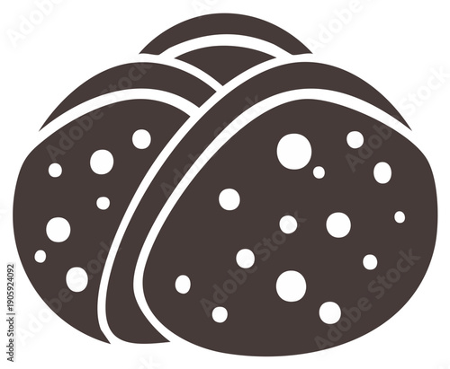 Appetizing buns stacked illustration, bakery sweet bread, delicious baked goods, pastry, brown icon with white dots, food design.