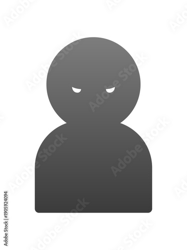 怖い顔で睨む1人の人物のグレーのシルエットアイコン - 悪い人や正体不明の人物、犯人や脅威のイラスト