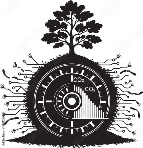 Tree growing on earth symbol with CO2 meter and circuits