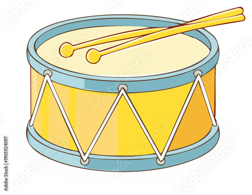 Cartoon yellow drum with blue accents and two yellow drumsticks lying on top