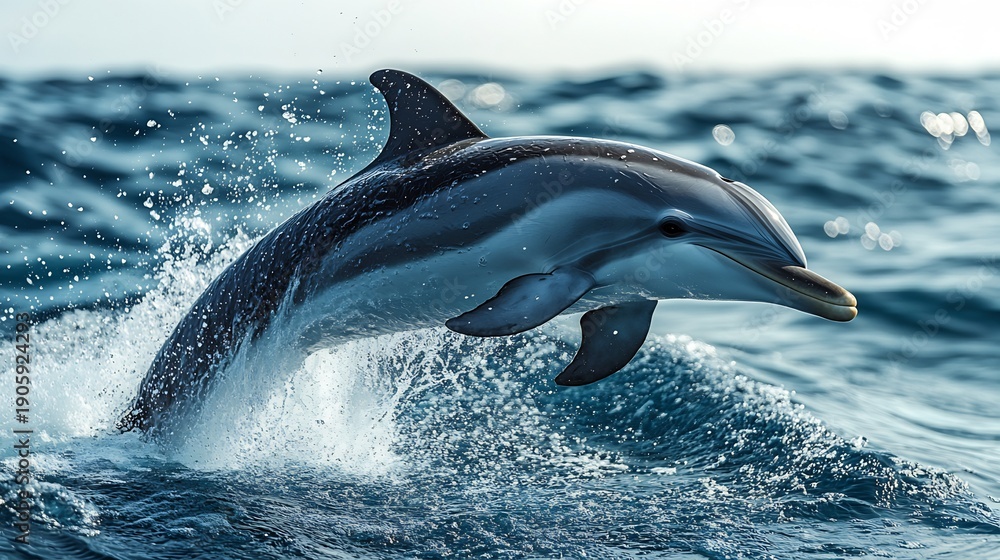 Fototapeta premium Dolphin Jumping Out of Ocean Water in Splash