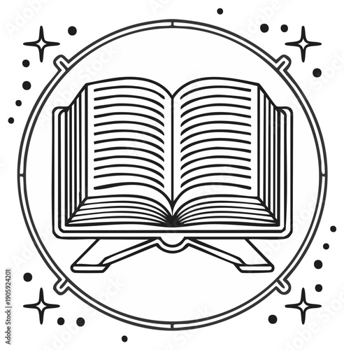 Open book on stand with stars and circle frame, line art illustration