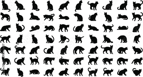 Silhouette illustration of sixty-four cats in grid layout showing diverse poses and movements, vector artwork symbolizing feline behavior, body language, and artistic design concepts