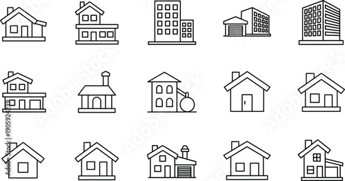 Building and house icon illustration set, residential and commercial structures, architectural design artwork, urban planning symbols, black and white collection