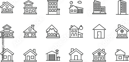 Building and house icon illustration set, residential and commercial structures, architectural design artwork, urban planning symbols, black and white collection