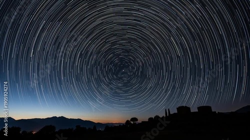 Stunning star trails over mountains at dusk with meteor streak