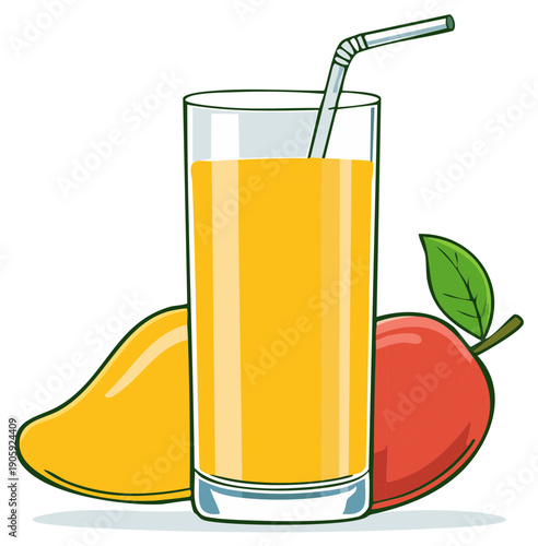 Refreshing glass of mango juice with whole mangoes and a straw